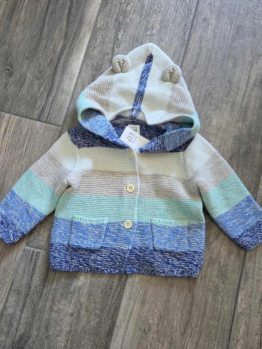 GAP Baby NWT 6-12 Months Blue/Teal Stripe Hooded Knit Cardigan